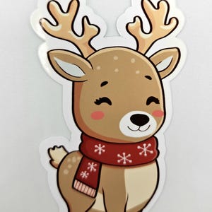 Niedliche Weihnachtsren-Aufkleber - Kawaii-Urlaub-Vinyl-Aufkleber mit rotem Schal | Wetterfester Vinyl-Aufkleber