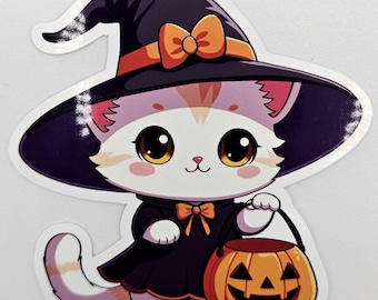 Kawaii Witch Cat Sticker – Cute Halloween Cat Sticker – Laptop, Planner & Tumbler Decal