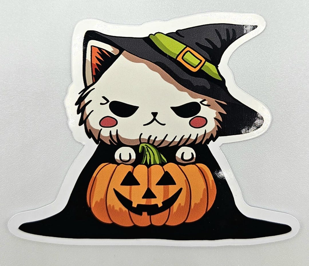 Kawaii Witch Pumpkin Cat Sticker – Cute Halloween Cat Sticker – Laptop ...
