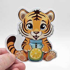 Tiger Drinking Lemonade Sticker: Weatherproof Vinyl Decal