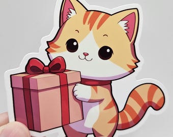 Kawaii Gift Cat Sticker – Cute Present Cat Sticker – Laptop, Planner & Tumbler Decal