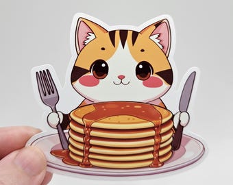 Pegatina de gato panqueque kawaii - Pegatina de gato de desayuno - Calcomanía para portátil, agenda y vaso