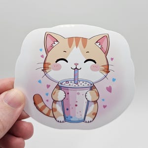 Kawaii Cat Boba Tea Sticker: Weatherproof Vinyl Decal