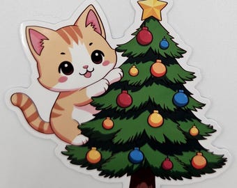 Kawaii Christmas Tree Cat Sticker – Cute Holiday Cat Sticker – Laptop, Planner & Tumbler Decal