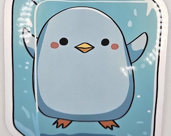 Pegatina de pingüino kawaii: vinilo adhesivo de un lindo pingüino atrapado en el hielo.