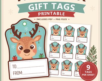 Kawaii Reindeer Gift Tags Printable – Cute Christmas Gift Tags – Holiday To From Labels – Winter Gift Tags – Instant Download PNG PDF