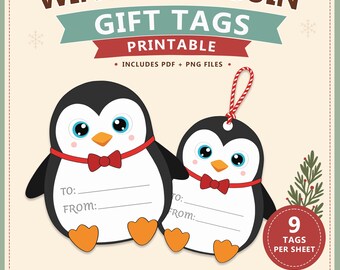 Printable Penguin Gift Tags – Cute Christmas Gift Labels – Holiday To From Tags – Winter Animal Gift Tag Set – Instant Download PNG