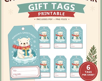 May include: A printable sheet of six Christmas gift tags featuring a cartoon polar bear wearing a red scarf and holding a blue gift on an ice floe. The tags include the text Season's Greetings, To, and From. The design includes pine trees and snowflakes on a light blue background.