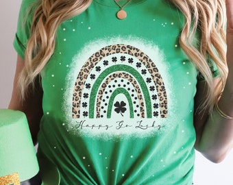Happy Go Lucky Rainbow St Patricks Day Bleached T-Shirt | Graphic Tee | Clothing | Shirt | Clover | Shamrock | Leopard