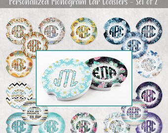 Personalized Monogram Ceramic Car Coasters | Set of 2 | Floral | Boho | Stripes