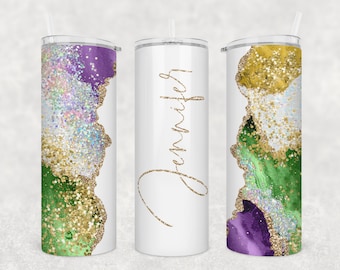 Personalized Purple Green and White Leopard Marble 20 or 30 oz Stainless Steel Tumbler Mardi Gras