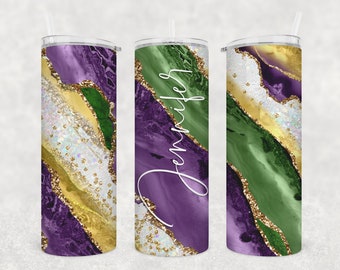 Personalized Purple Green and White Leopard Marble 20 or 30 oz Stainless Steel Tumbler Mardi Gras