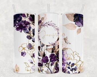 Personalized Purple Gold Floral 20 oz Stainless Steel Tumbler