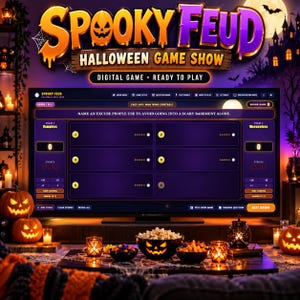 May include: A digital game titled Spooky Feud Halloween Game Show displayed on a television screen. The interface shows a game board with the question: Name an excuse people use to avoid going into a scary basement alone, with team scores.