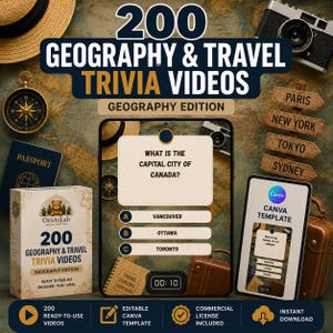Peut inclure: Un ensemble de produits numériques comprenant 200 vidéos de quiz sur la géographie et les voyages avec un modèle Canva. L'écran affiche une question demandant la capitale du Canada avec les options Vancouver, Ottawa et Toronto sur une carte.