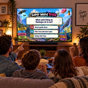 May include: A television screen displays a Super Weird Trivia game with the question What weird thing do flamingos do to eat? and three multiple choice options: A Stand upside down, B Filter food with their beaks, and C Stomp their feet.