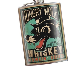 8 oz. liquor flask, Hungry Wolf