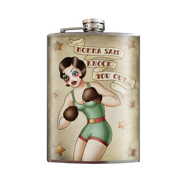 8 oz. liquor flask, Boxing Girl