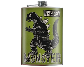 8 oz. liquor flask, Whiskey Monster (godzilla)