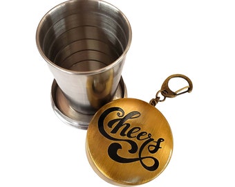 Collapsible Shot Glass "Cheers!" 2 oz. portable stainless steel,  brushed brass barware