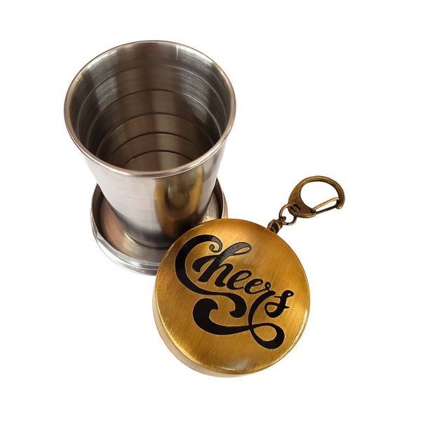 Collapsible Shot Glass "Cheers!" 2 oz. portable stainless steel,  brushed brass barware