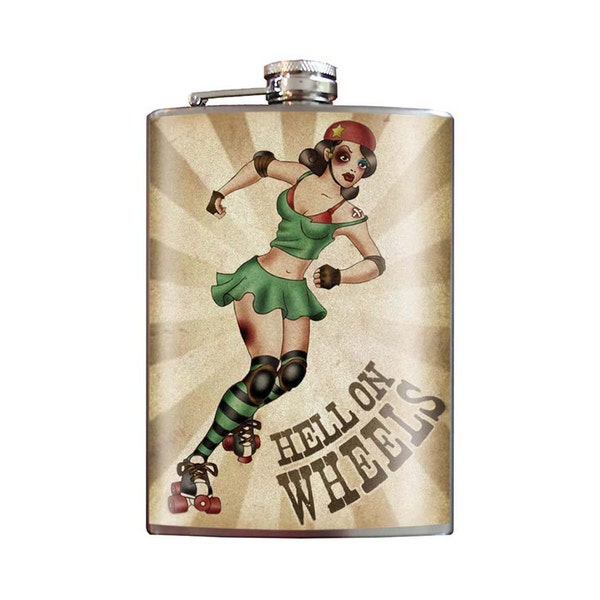 8 oz. liquor flask, Hell on Wheels (Roller derby) – roller skates, skates, skating, retro, vintage pinup