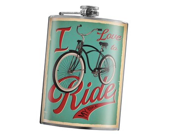 I love to ride (my bike) flask - 8oz Stainless Steel Flask - comes in a GIFT BOX -  by Trixie & Milo