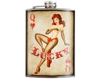 8 oz. liquor flask Lucky, Queen of Hearts