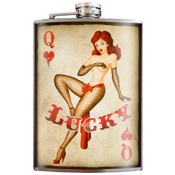 8 oz. liquor flask Lucky, Queen of Hearts