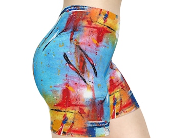 Hand Drawn Colorful Abstract Biker Shorts, Panorama Background Activewear, Women's Yoga Shorts, Colorful Workout Gear