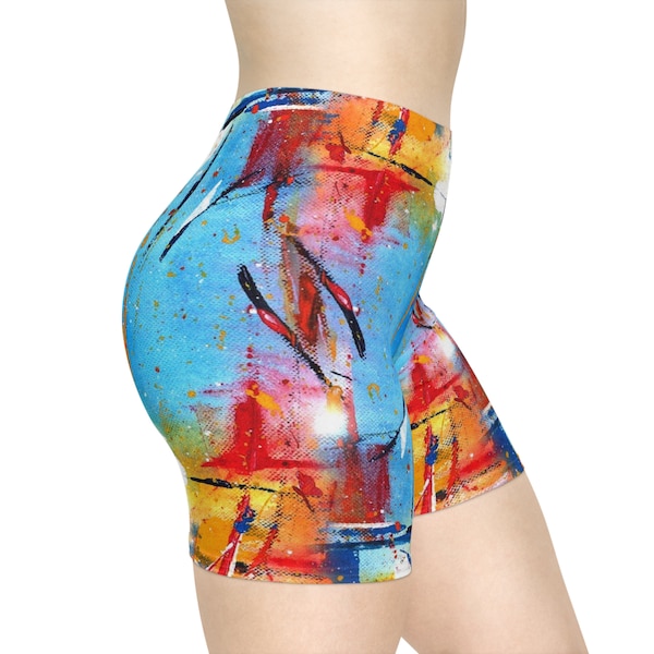 Hand Drawn Colorful Abstract Biker Shorts, Panorama Background Activewear, Women's Yoga Shorts, Colorful Workout Gear