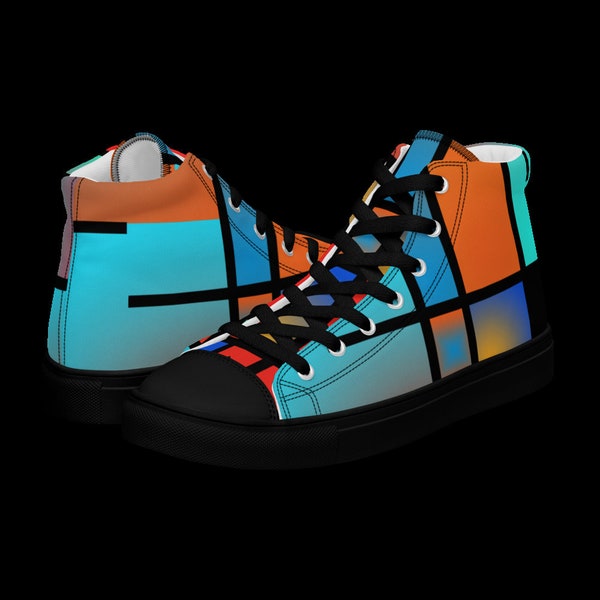 Men's High Top Canvas Shoes, Abstract Geometric Print Footwear, Urban Style Sneakers, Trendy Design