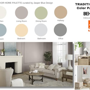以下が含まれることがあります： 伝統的なカラーパレットを使用したリビングルームのインテリアデザインのインスピレーションボード。ボードには、キッチン、リビングルーム、ダイニングルーム、廊下、寝室、バスルーム、オフィスなど、部屋の名前が付けられた8つの塗料カラーサンプルが掲載されています。カラーパレットには、白、グレー、ベージュ、ライトブルーのシェードが含まれています。ボードには、BehrのロゴとHome Depotのロゴも掲載されています。