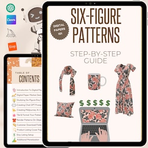 May include: A digital guide titled "Six-Figure Patterns: Step-by-Step Guide" with a table of contents listing topics such as "Introduction to Digital Papers", "Digital Paper Market Demand", "Studying Six-Figure Etsy Shops", "Creating Chat GPT Prompts", "Creating Midjourney AI Art", "Tile & Format Your Patterns", "Render Patterns on Objects", "Customer Download Folders", "Product Listing Cover Pages", "Etsy Listing Setup", and "Additional Monetization". The guide is illustrated with a laptop, a mug, a scarf, a pillow, and a dress, all featuring a floral pattern.