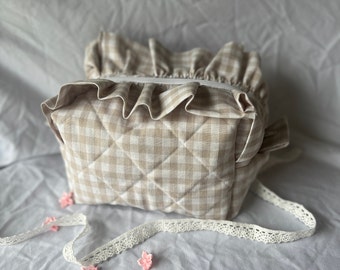 Ruffle Makeup Bag, Coquette Makeup Bag, Gingham Makeup Bag, Quilted Cotton Cosmetic Bag