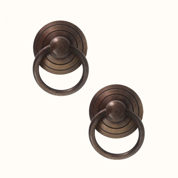 Compact Concentric Circles Ring Pull Knob - Cast Brass - Vintage, Oxidized, High Shine Finish - Drawer, Cabinet, Door Grip / Handle - 2 Pcs