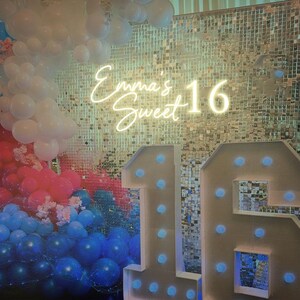 May include: A white backdrop with a silver sequin background. The words "Emma's Sweet 16" are in white neon lights. There are two large white numbers, 1 and 6, with white lights around the edges. The numbers are decorated with blue balloons.