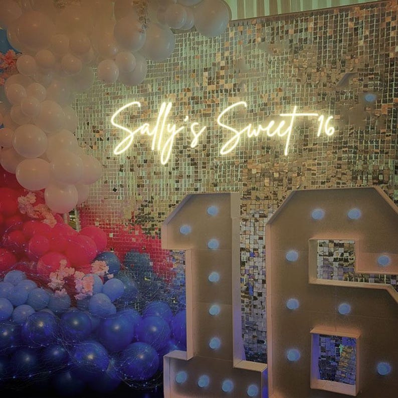 May include: A white neon sign with the text "Sally's Sweet 16" on a silver sparkly background. Two large white numbers, 1 and 6, are in front of the sign. The numbers have white lights around the edges.