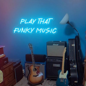 Letrero de neón Play That Funky Music, decoración musical retro, letrero funky, decoración de pared de estudio de música, regalo para él, letrero de pared de galería, decoración musical vintage
