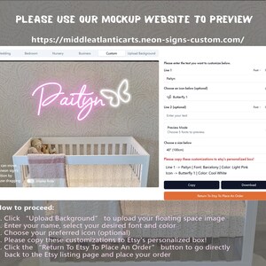 May include: A mockup website preview shows a neon sign with the name "Paityn" in light pink, accompanied by a white butterfly icon. The sign is displayed above a white crib. The website URL is visible.