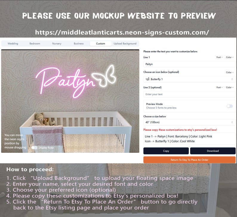 May include: A mockup website preview shows a neon sign with the name "Paityn" in light pink, accompanied by a white butterfly icon. The sign is displayed above a white crib. The website URL is visible.