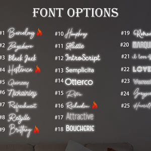May include: A white wall with a list of 25 font options, each with a number and a name. The font names are in white and the numbers are in black. The background is a dark gray. The font names are: Barcelony, Bayshore, Black Jack, Hesterica, Quinzey, Nickainley, Refreshment, Retylle, Brittany, Humphrey, Hustle, Intro Script, Semplicita, Otterco, Retro, Richardson, Attractive, BOUCHERIE, Romantic, MARQUEEM, I love Glitter, LOVELO, Versatile, Grayscale, Hamilton.