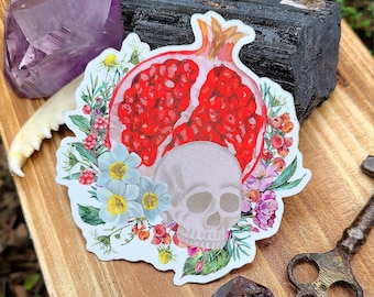 Persephone Pomegranate & Skull Sticker, 3" Vinyl Decal, Goddess Persephone Decal, Kore Sticker, Water Bottle Sticker, Witchy Sticker, Floral