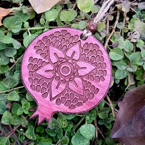 Persephone's Pomegranate Wooden Ornament, Lasercut Birch, Daffodil & Evil Eye Protection Charm, Goddess Pagan Yule Decor, Hades Kore