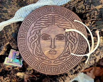 6" Medusa Wooden Crystal Grid Board, Medusa Wall Art, Greek Mythology, Gorgon, Feminist Witchcraft, Protection Symbol, Altar Decor