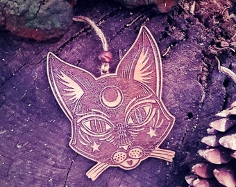 Witch's Familiar Cat Halloween Ornament, Lasercut Birch, Vintage Style, Samhain Yule Christmas Decor, Goth Pagan Creepy Halloween Tree