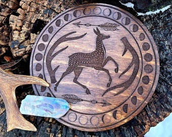 6" Artemis Crystal Grid Board, Lasercut Birch Wood, Deer Stag Antler Decor, Huntress, Greek Goddess Altar Plate, Diana, Witchy Decor