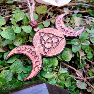 Triple Moon Triquetra Ornament, Lasercut Birch, Witchy Decor, Pagan Yule Tree Ornament, Rustic Triple Goddess Charm, Hecate Moon Phase image 5