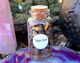 Tiger Eye Chips, 1.5 oz Gemstone Chips in Corked Glass Bottle, Rough Tiger Eye Jasper Tumbles, Undrilled Crystal Chips, Mini Gems
