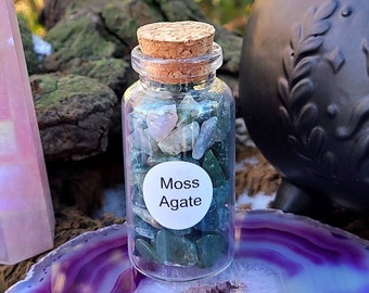 Moss Agate Chips, 1.5 oz Gemstone Chips in Corked Glass Bottle, Natural Tumbled Moss Agate, Undrilled Crystal Chips, Mini Gems